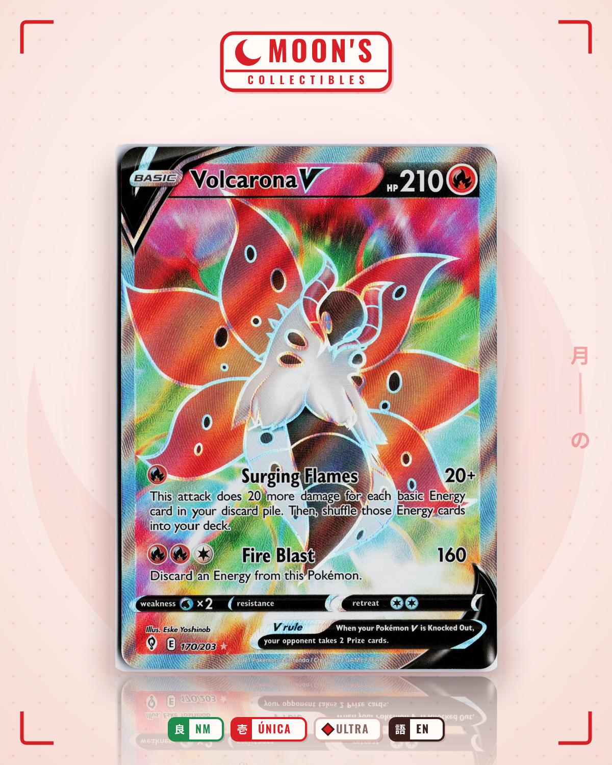 Carta Pokémon Volcarona V · Evolving Skies #170/203 (NM) — pieza única en Moon's Collectibles México