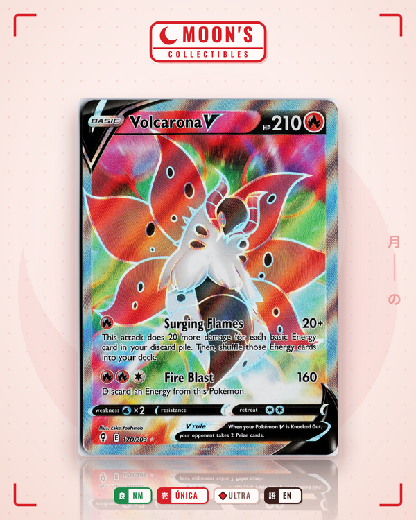 Carta Pokémon Volcarona V · Evolving Skies #170/203 (NM) — pieza única en Moon's Collectibles México