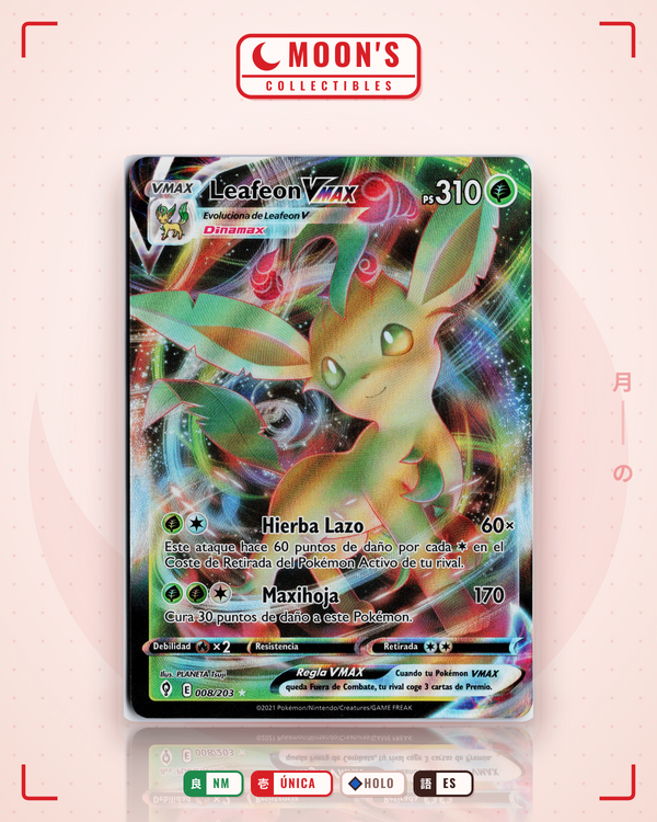 Carta Pokémon Leafeon VMAX · Evolving Skies #008/203 (NM) — pieza única en Moon's Collectibles México