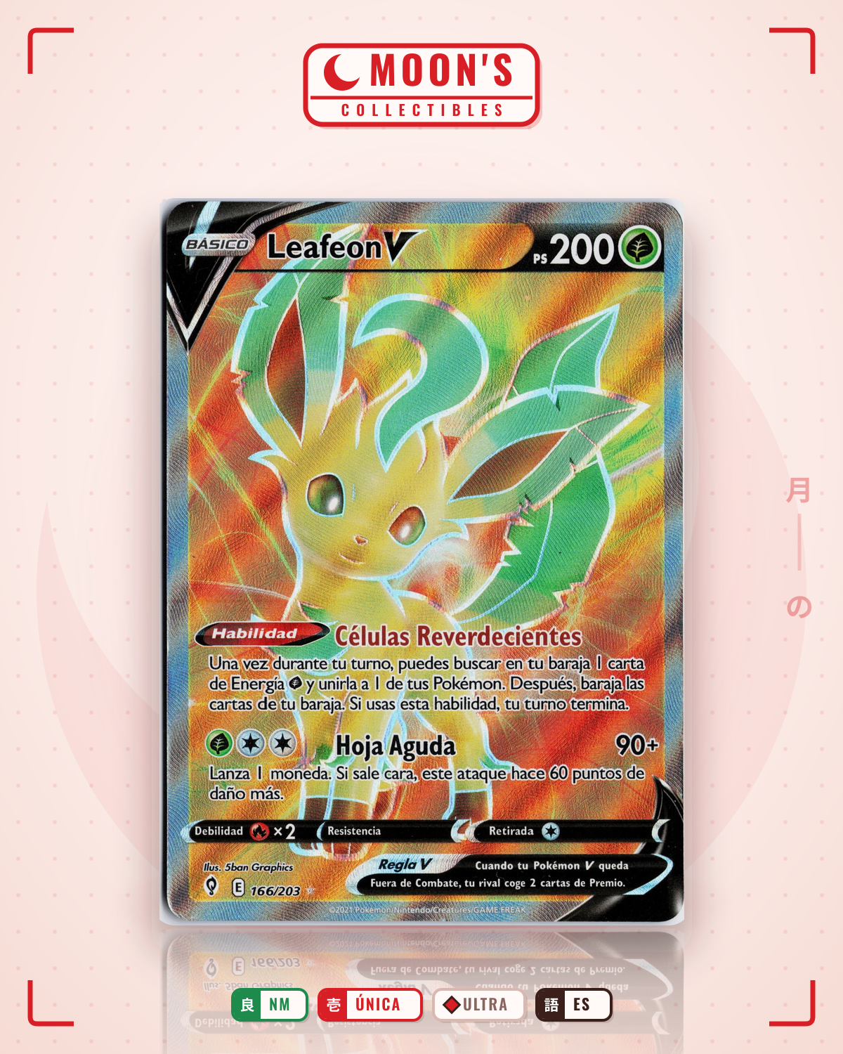 Carta Pokémon Leafeon V · Evolving Skies #166/203 (NM) — pieza única en Moon's Collectibles México