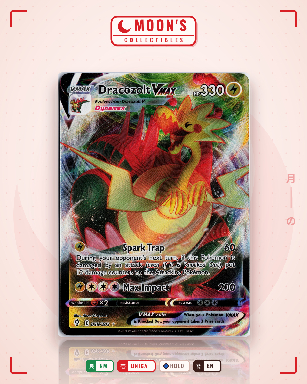 Carta Pokémon Dracozolt VMAX · Evolving Skies #059/203 (NM) — pieza única en Moon's Collectibles México