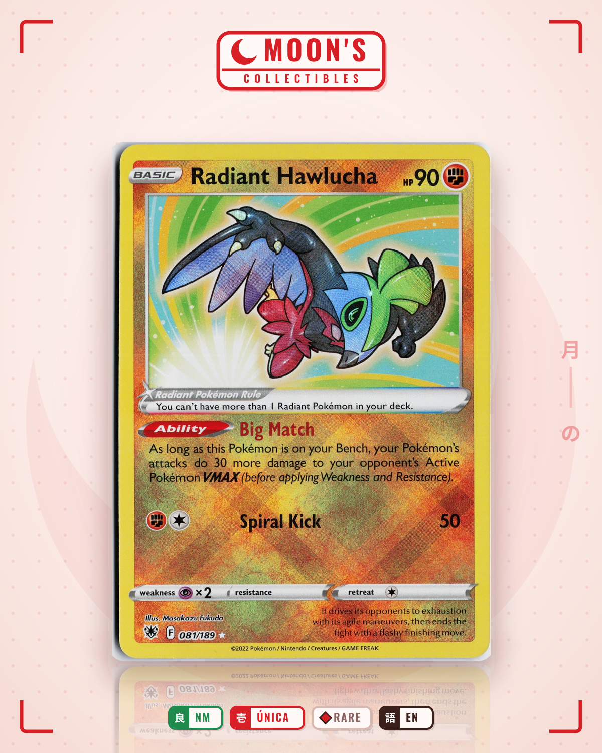 Carta Pokémon Radiant Hawlucha · Astral Radiance #081/189 (NM) — pieza única en Moon's Collectibles México