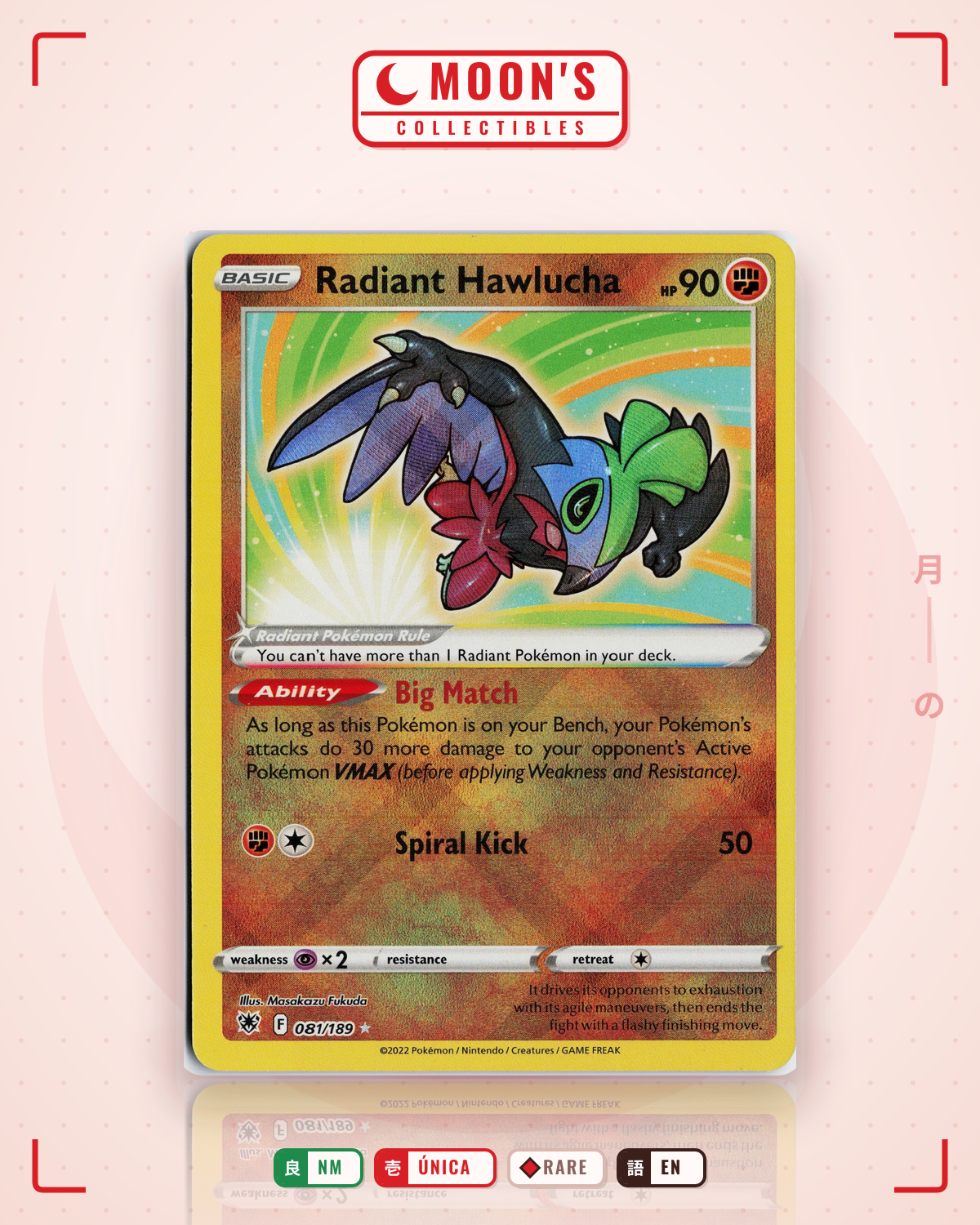 Carta Pokémon Radiant Hawlucha · Astral Radiance #081/189 (NM) — pieza única en Moon's Collectibles México