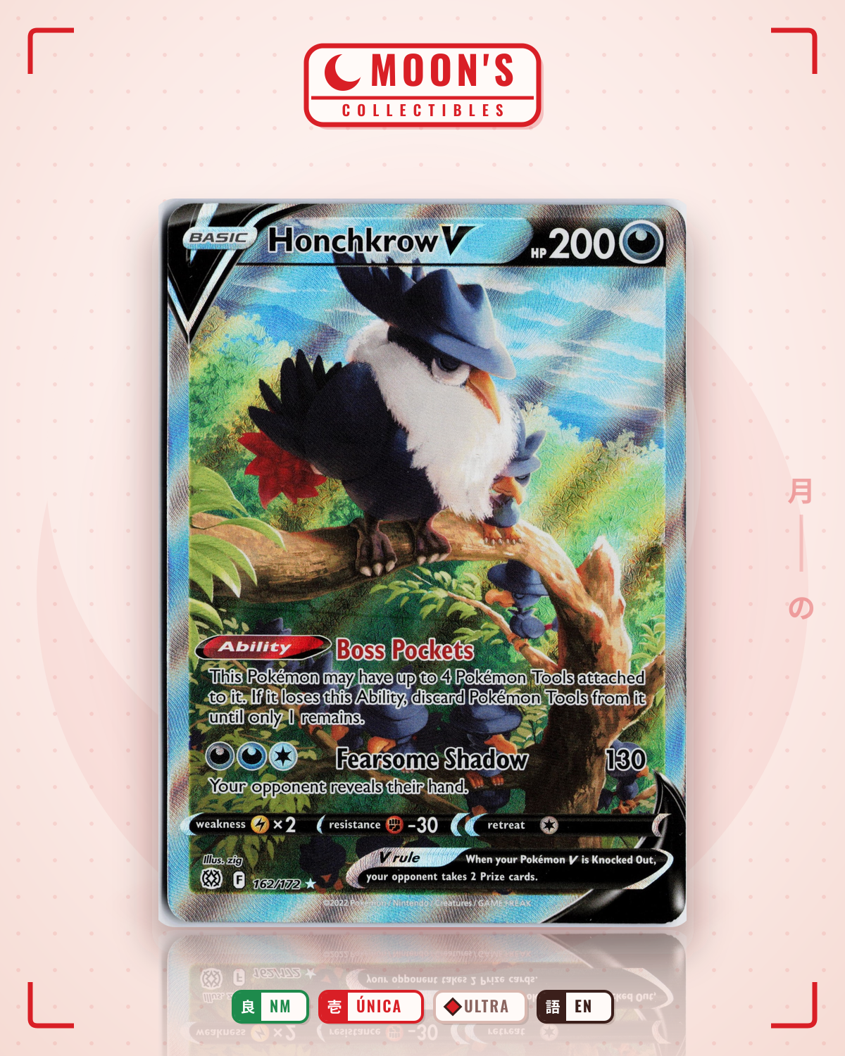 Carta Pokémon Honchkrow V · Brilliant Stars #162/172 (NM) — pieza única en Moon's Collectibles México