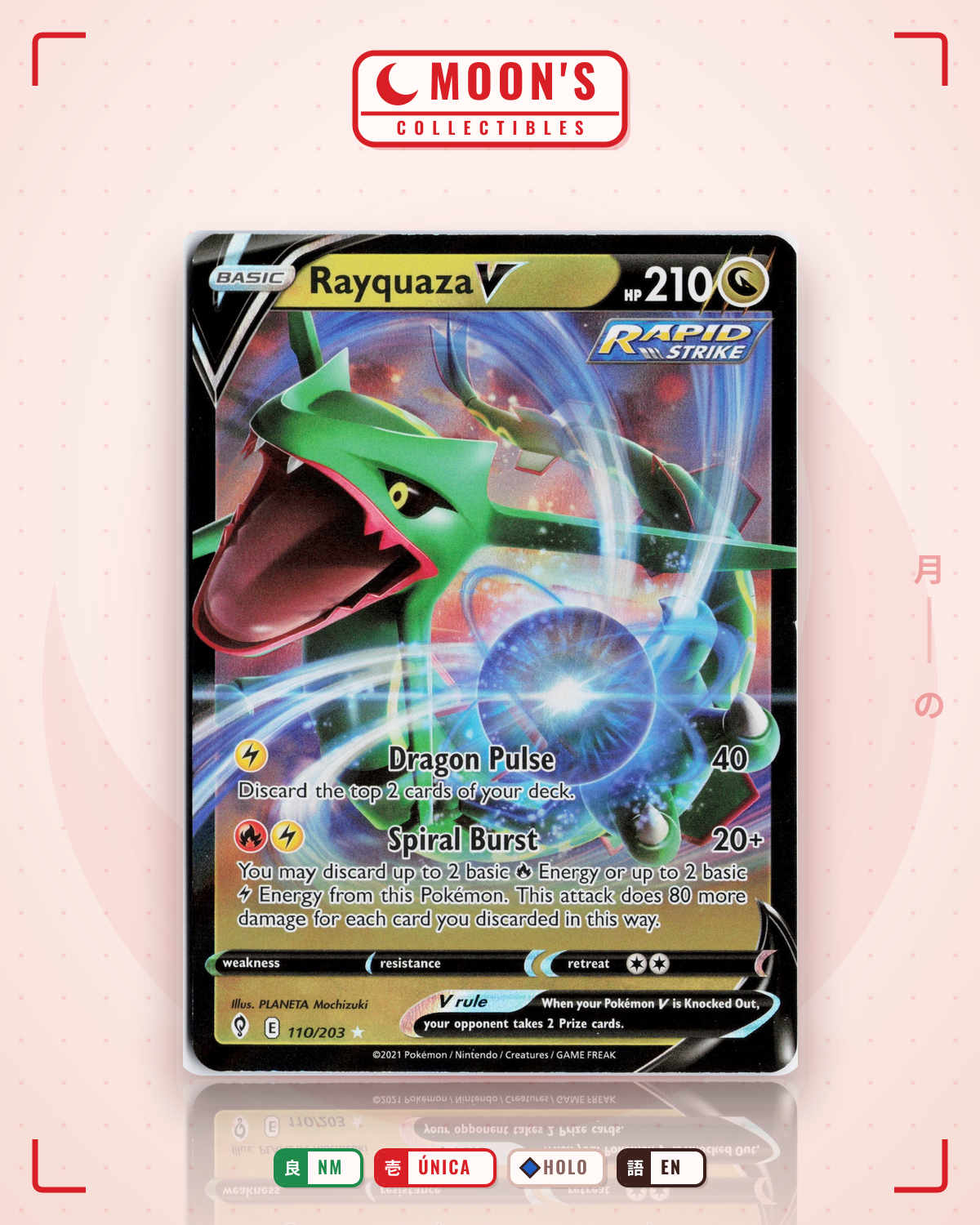Carta Pokémon Rayquaza V · Evolving Skies #110/203 (NM) — pieza única en Moon's Collectibles México
