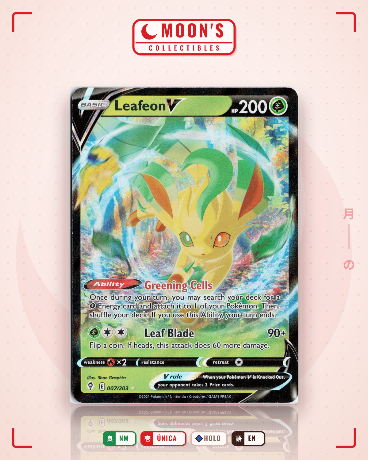 Carta Pokémon Leafeon V · Evolving Skies #007/203 (NM) — pieza única en Moon's Collectibles México