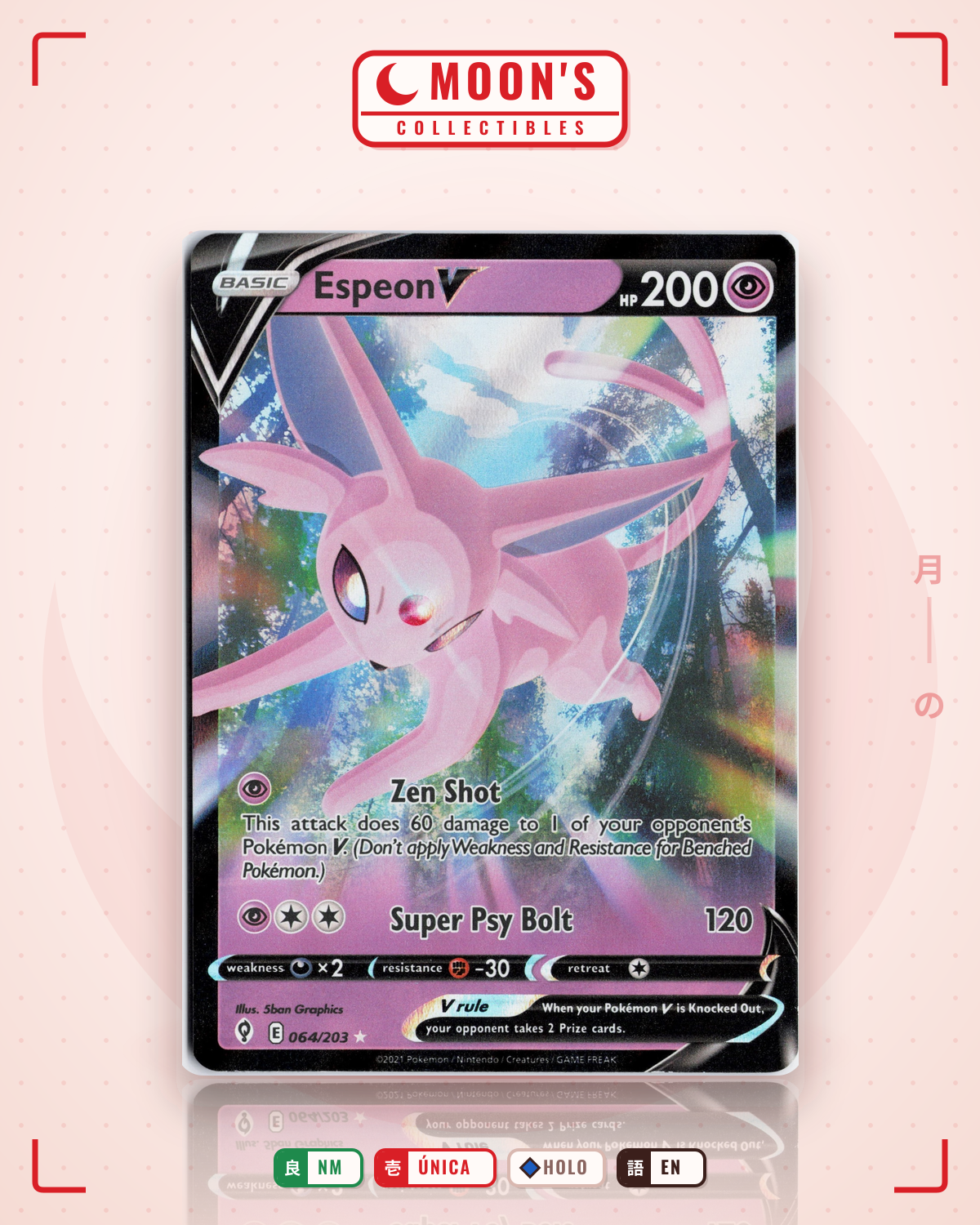 Carta Pokémon Espeon V · Evolving Skies #064/203 (NM) — pieza única en Moon's Collectibles México