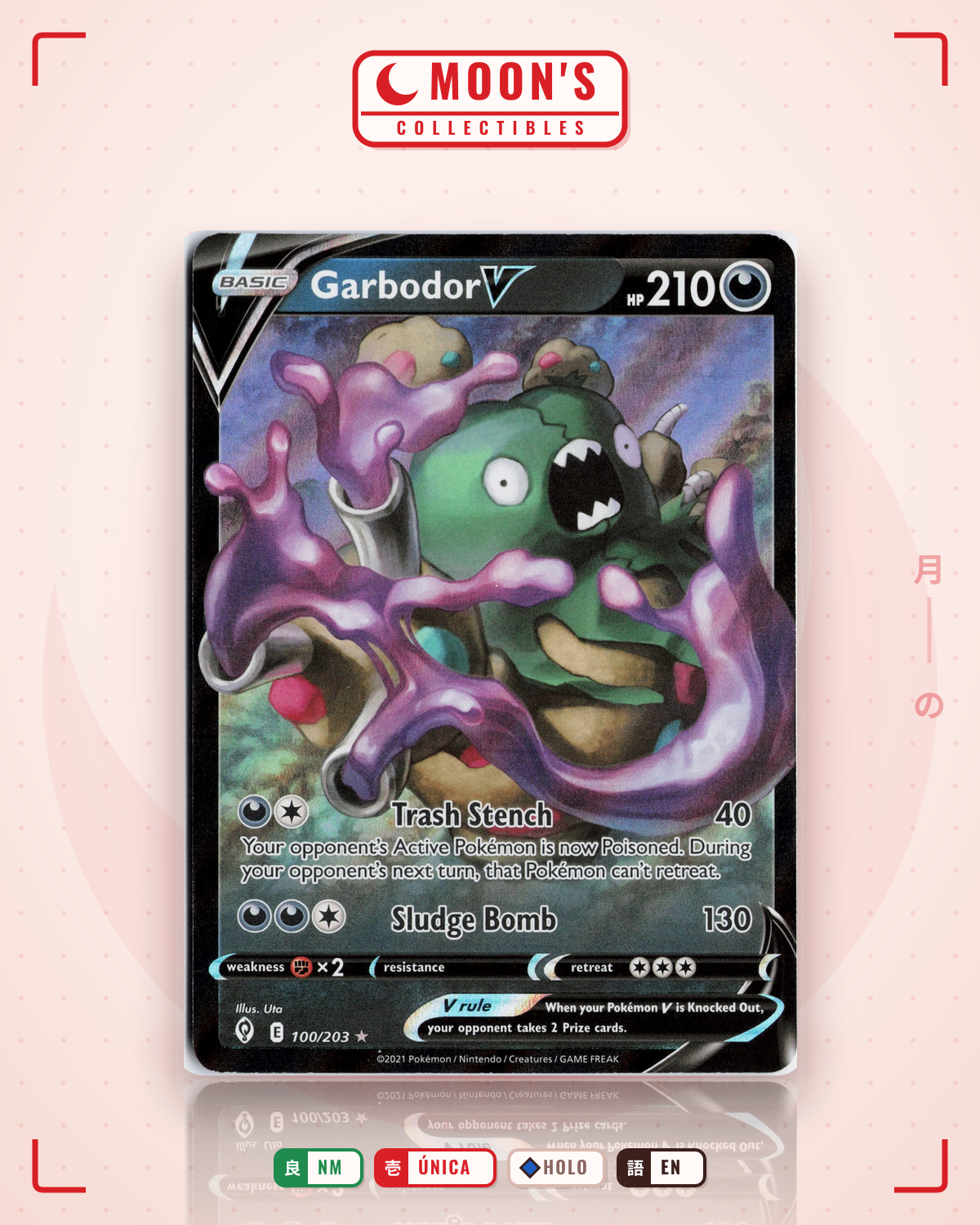 Carta Pokémon Garbodor V · Evolving Skies #100/203 (NM) — pieza única en Moon's Collectibles México