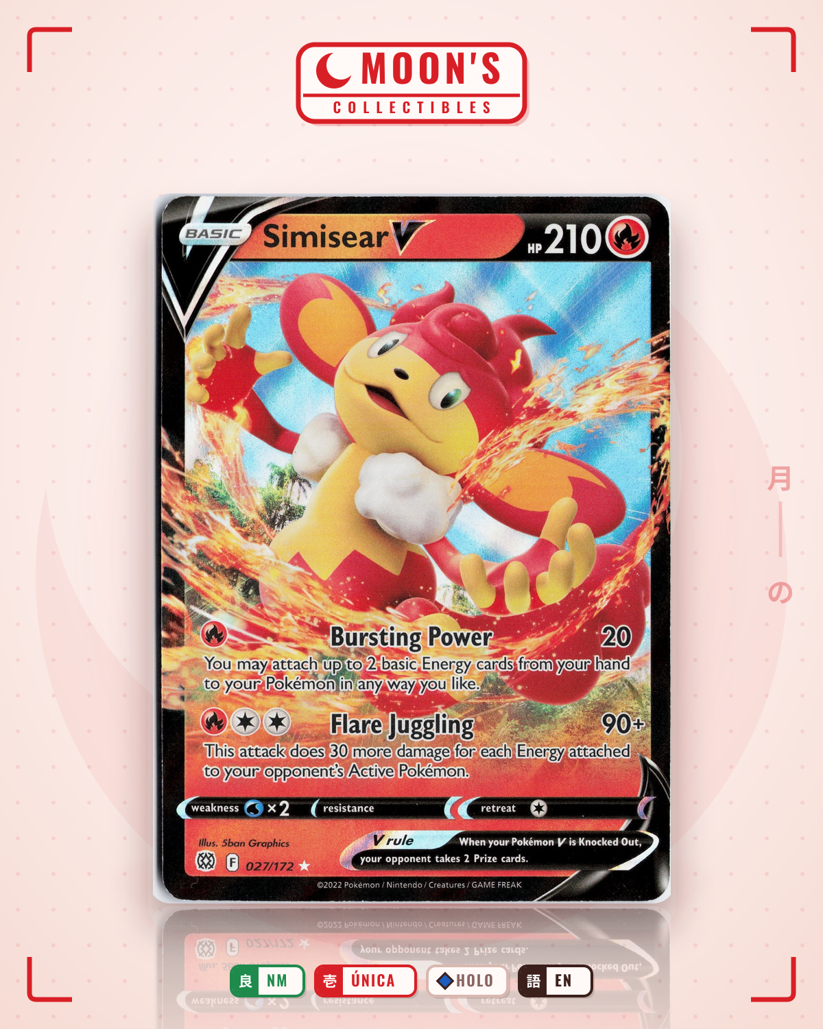 Carta Pokémon Simisear V · Brilliant Stars #027/172 (NM) — pieza única en Moon's Collectibles México