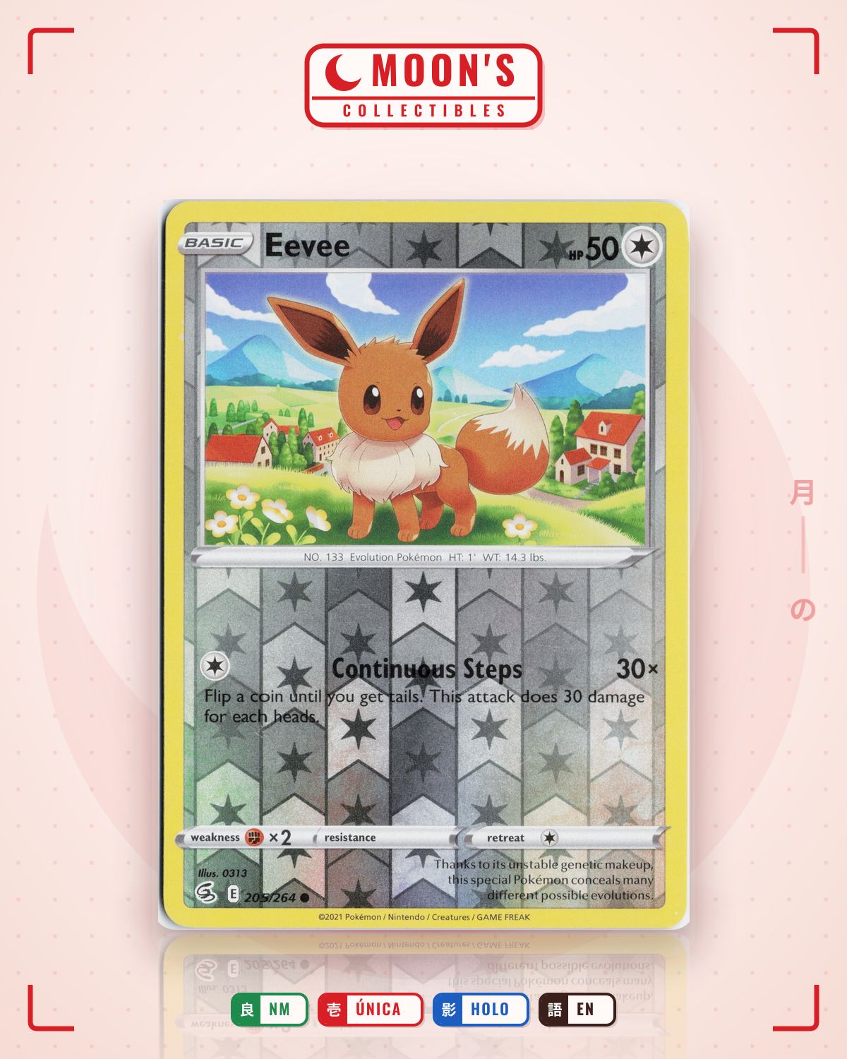 Carta Pokémon Eevee · Fusion Strike #205/264 (NM) — pieza única en Moon's Collectibles México