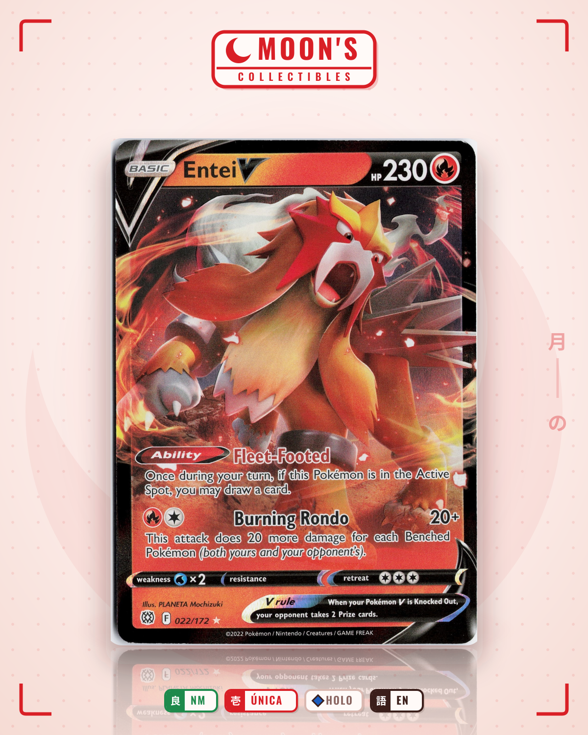 Carta Pokémon Entei V · Brilliant Stars #022/172 (NM) — pieza única en Moon's Collectibles México