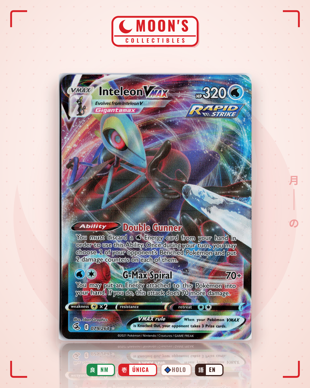 Carta Pokémon Inteleon VMAX · Fusion Strike #079/264 (NM) — pieza única en Moon's Collectibles México