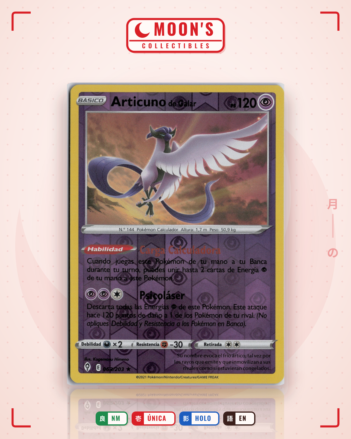 Carta Pokémon Galarian Articuno · Evolving Skies #063/203 (NM) — pieza única en Moon's Collectibles México