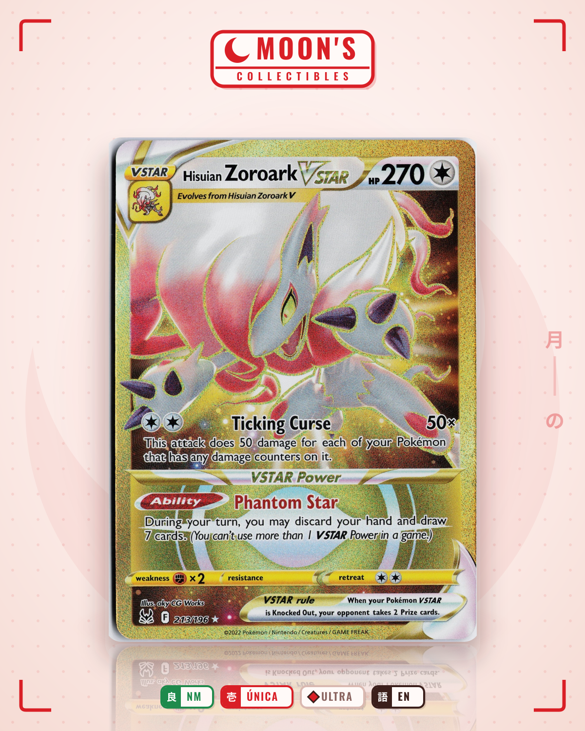 Carta Pokémon Hisuian Zoroark VSTAR · Lost Origin #213/196 (NM) — pieza única en Moon's Collectibles México