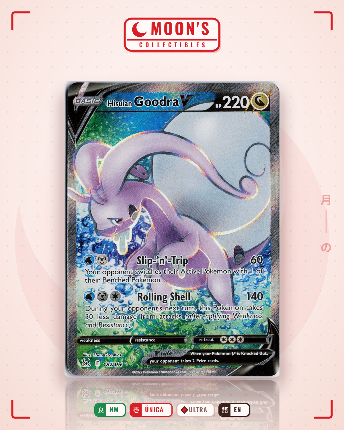 Carta Pokémon Hisuian Goodra V · Lost Origin #187/196 (NM) — pieza única en Moon's Collectibles México