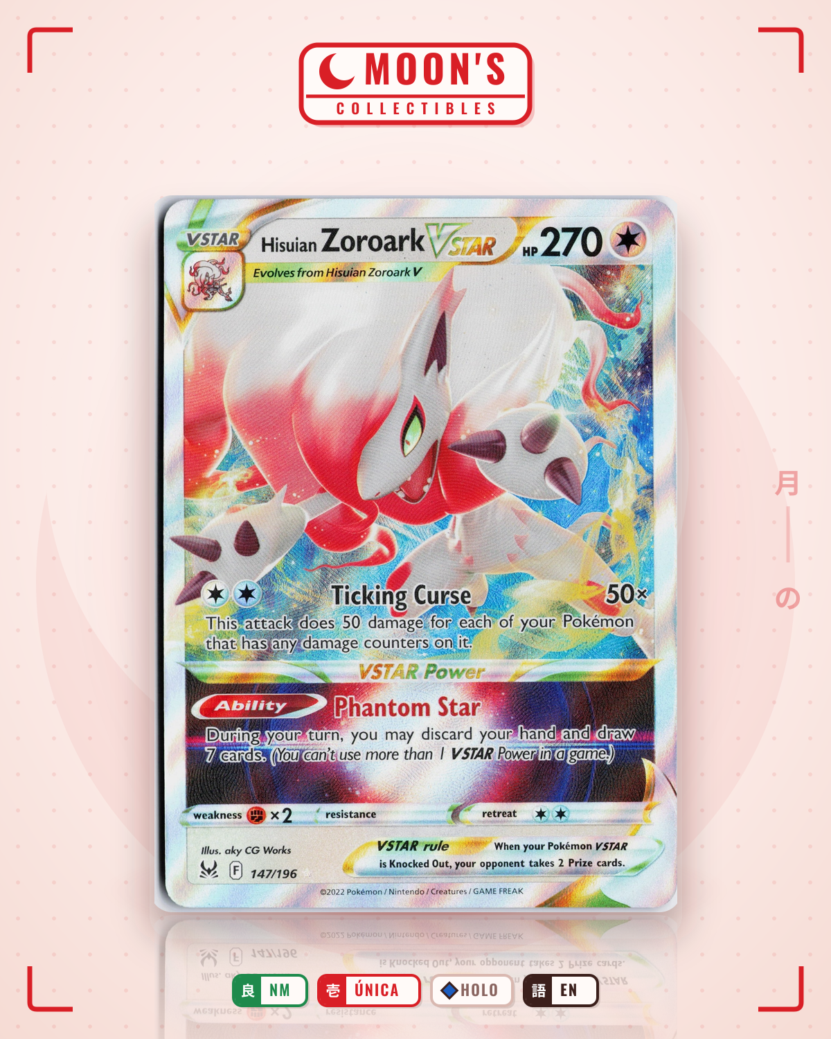 Carta Pokémon Hisuian Zoroark VSTAR · Lost Origin #147/196 (NM) — pieza única en Moon's Collectibles México