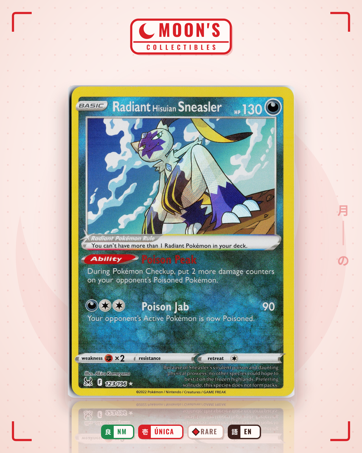 Carta Pokémon Radiant Hisuian Sneasler · Lost Origin #123/196 (NM) — pieza única en Moon's Collectibles México
