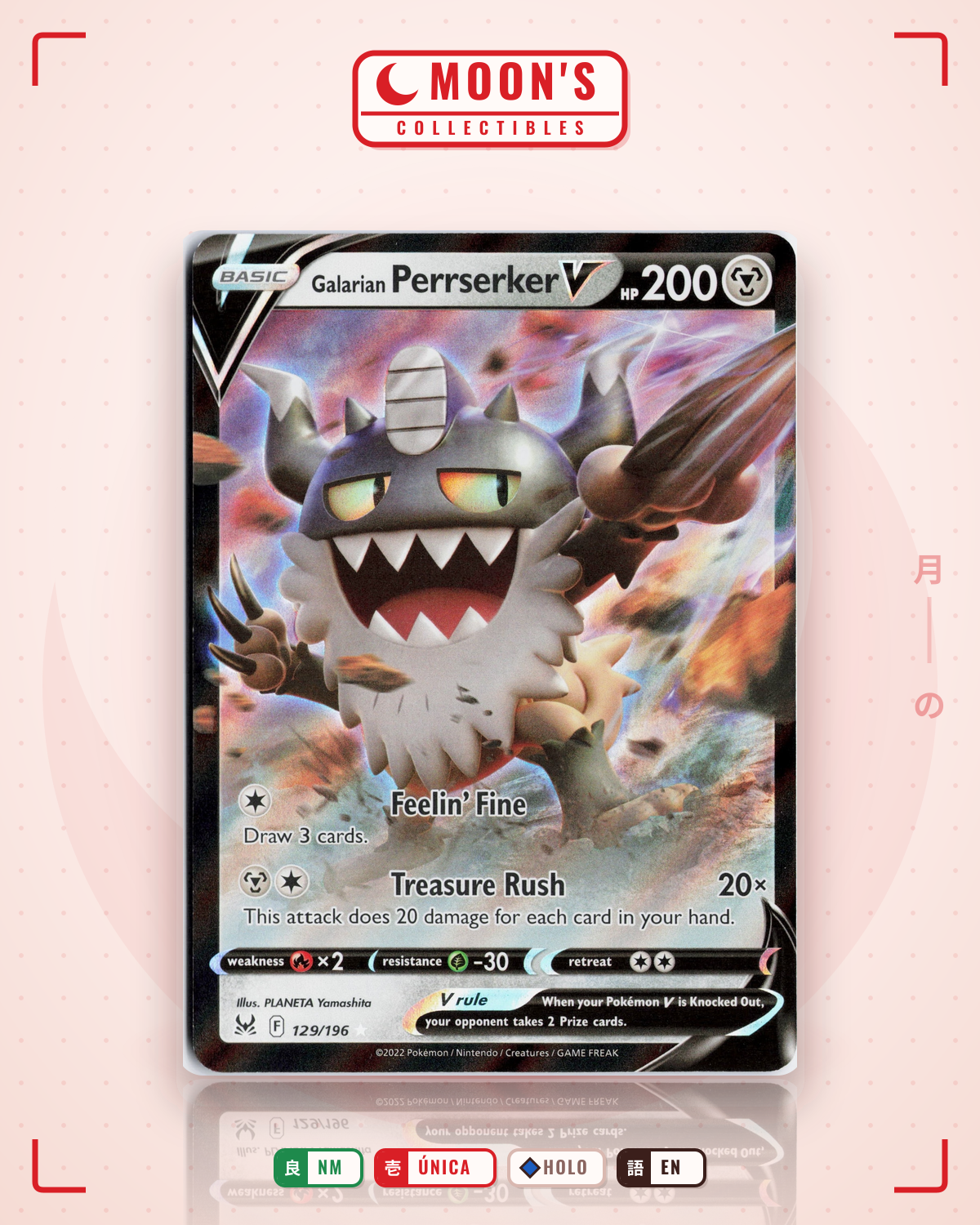 Carta Pokémon Galarian Perrserker V · Lost Origin #129/196 (NM) — pieza única en Moon's Collectibles México