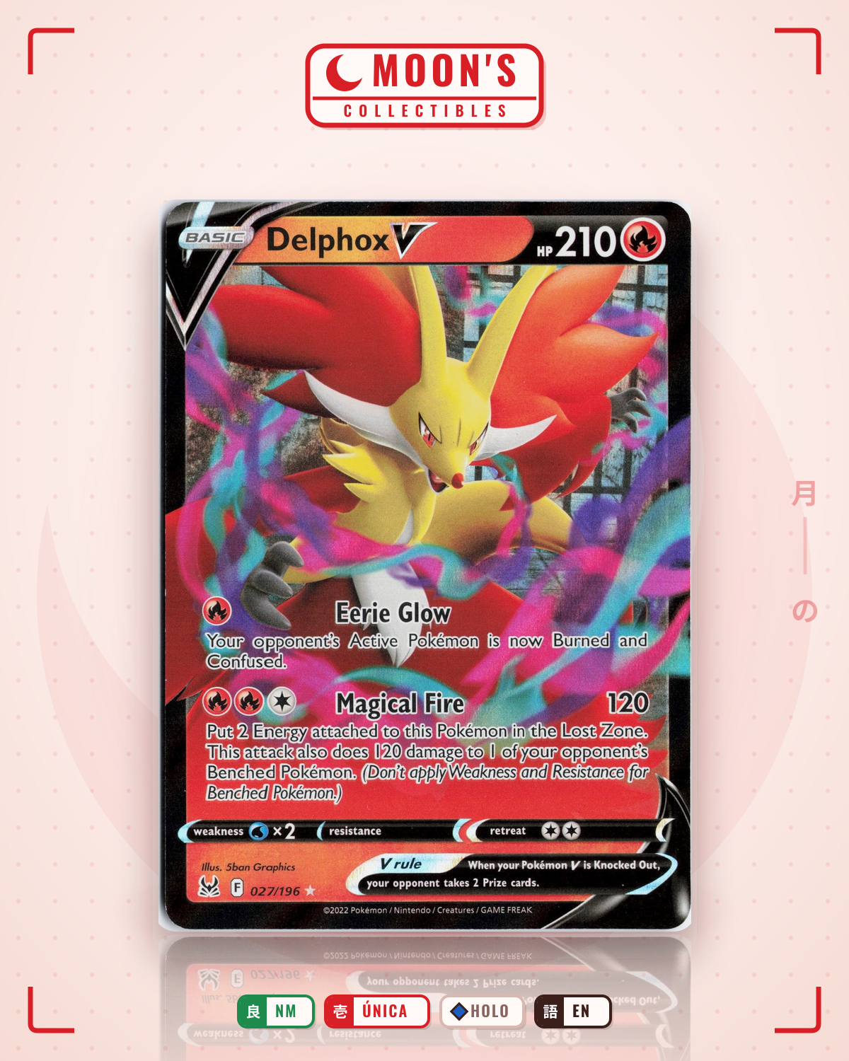 Carta Pokémon Delphox V · Lost Origin #027/196 (NM) — pieza única en Moon's Collectibles México