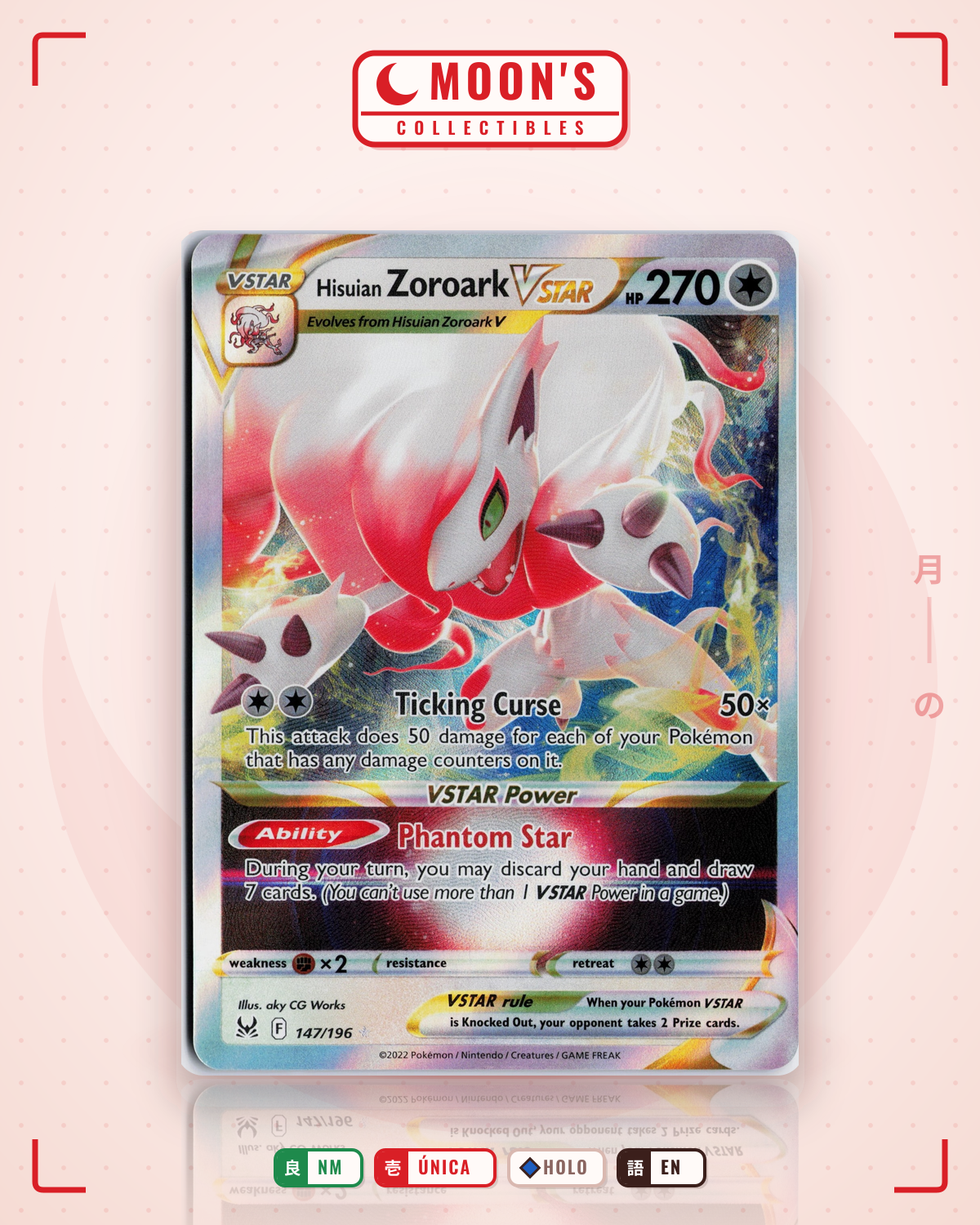 Carta Pokémon Hisuian Zoroark VSTAR · Lost Origin #147/196 (NM) — pieza única en Moon's Collectibles México