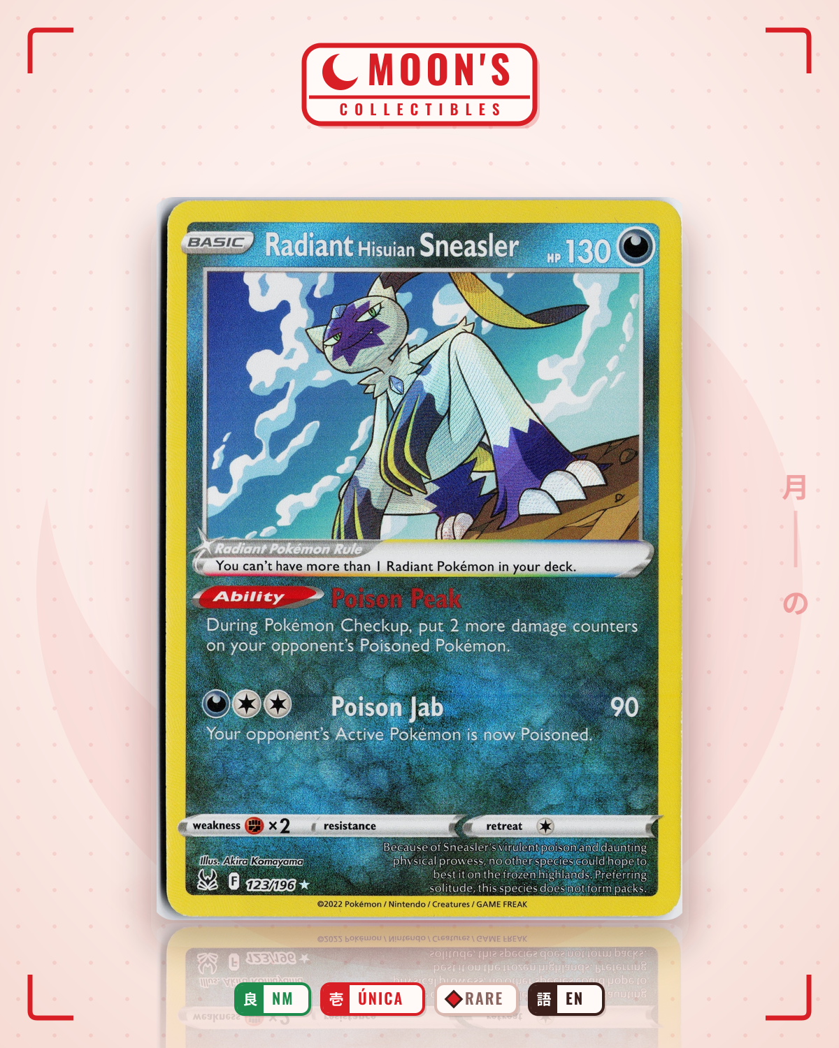 Carta Pokémon Radiant Hisuian Sneasler · Lost Origin #123/196 (NM) — pieza única en Moon's Collectibles México