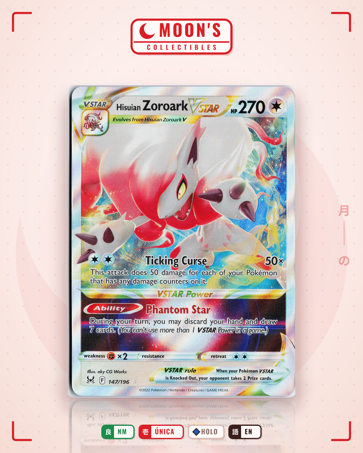 Carta Pokémon Hisuian Zoroark VSTAR · Lost Origin #147/196 (NM) — pieza única en Moon's Collectibles México