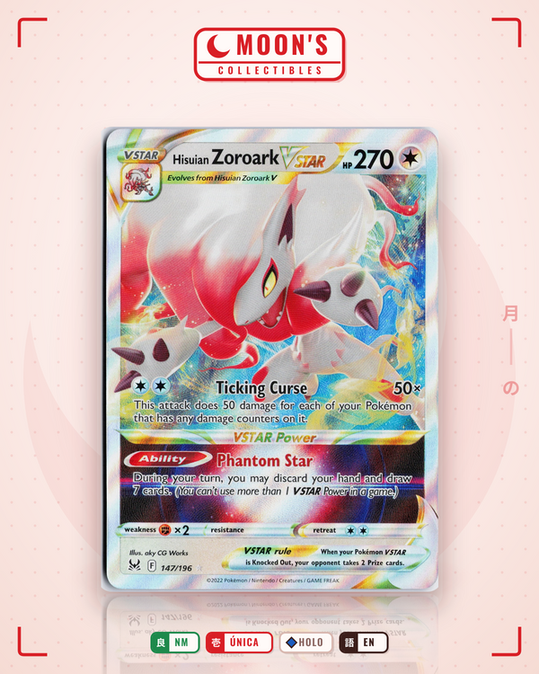 Carta Pokémon Hisuian Zoroark VSTAR · Lost Origin #147/196 (NM) — pieza única en Moon's Collectibles México