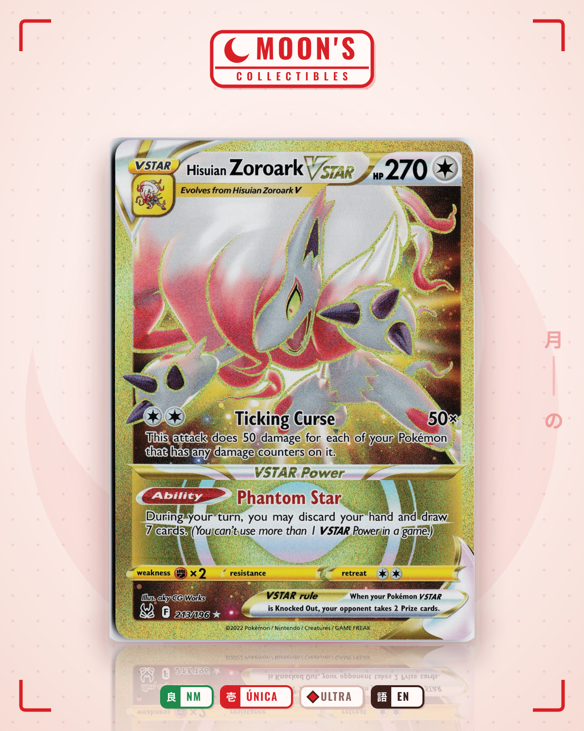 Carta Pokémon Hisuian Zoroark VSTAR · Lost Origin #213/196 (NM) — pieza única en Moon's Collectibles México