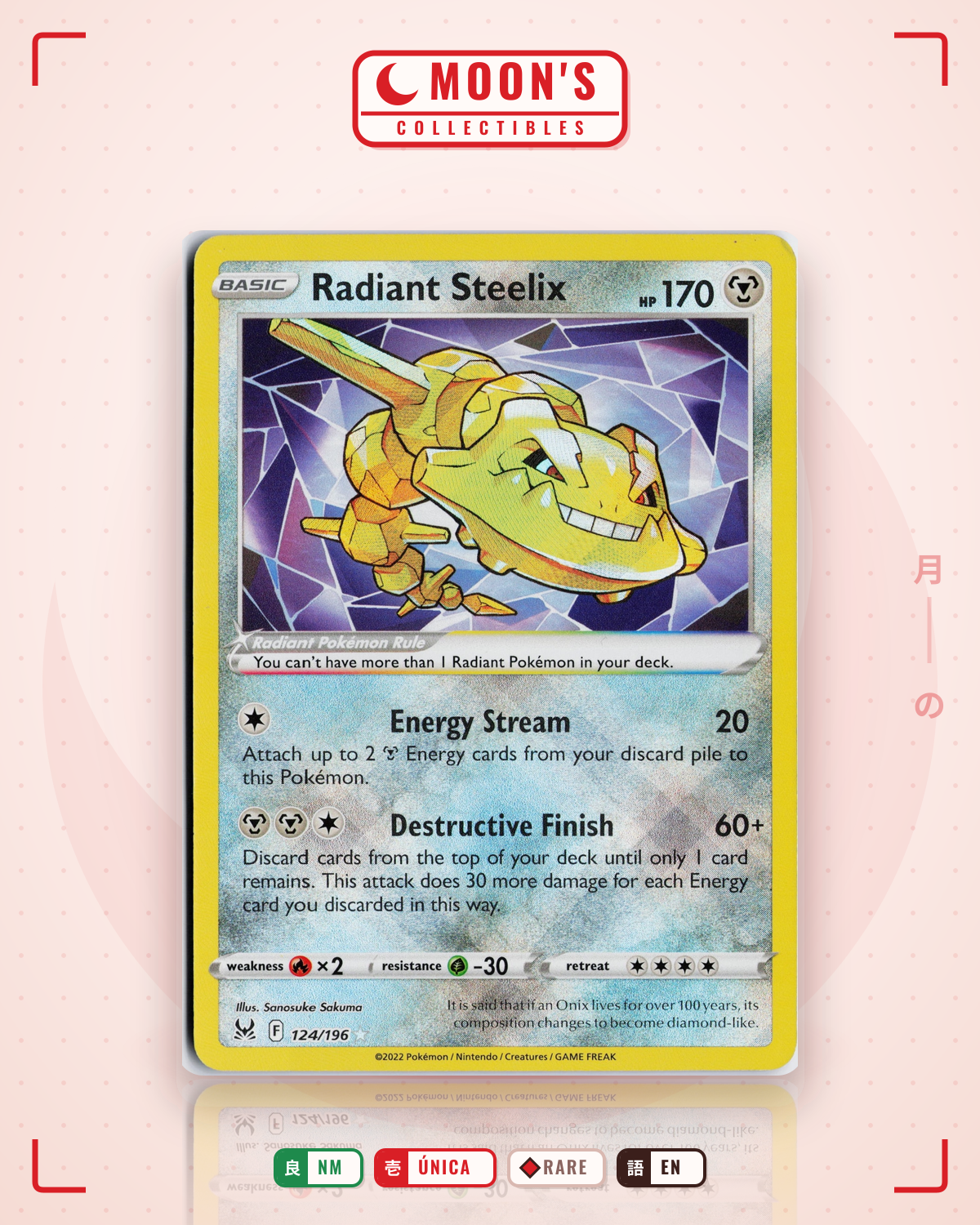 Carta Pokémon Radiant Steelix · Lost Origin #124/196 (NM) — pieza única en Moon's Collectibles México