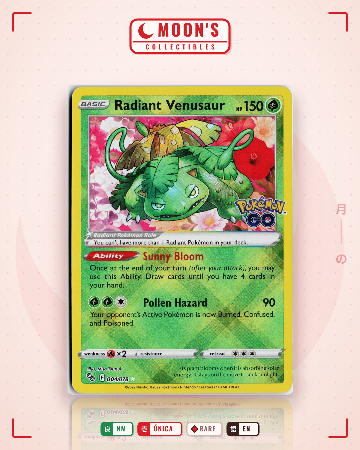 Carta Pokémon Radiant Venusaur · Pokémon GO #004/078 (NM) — pieza única en Moon's Collectibles México