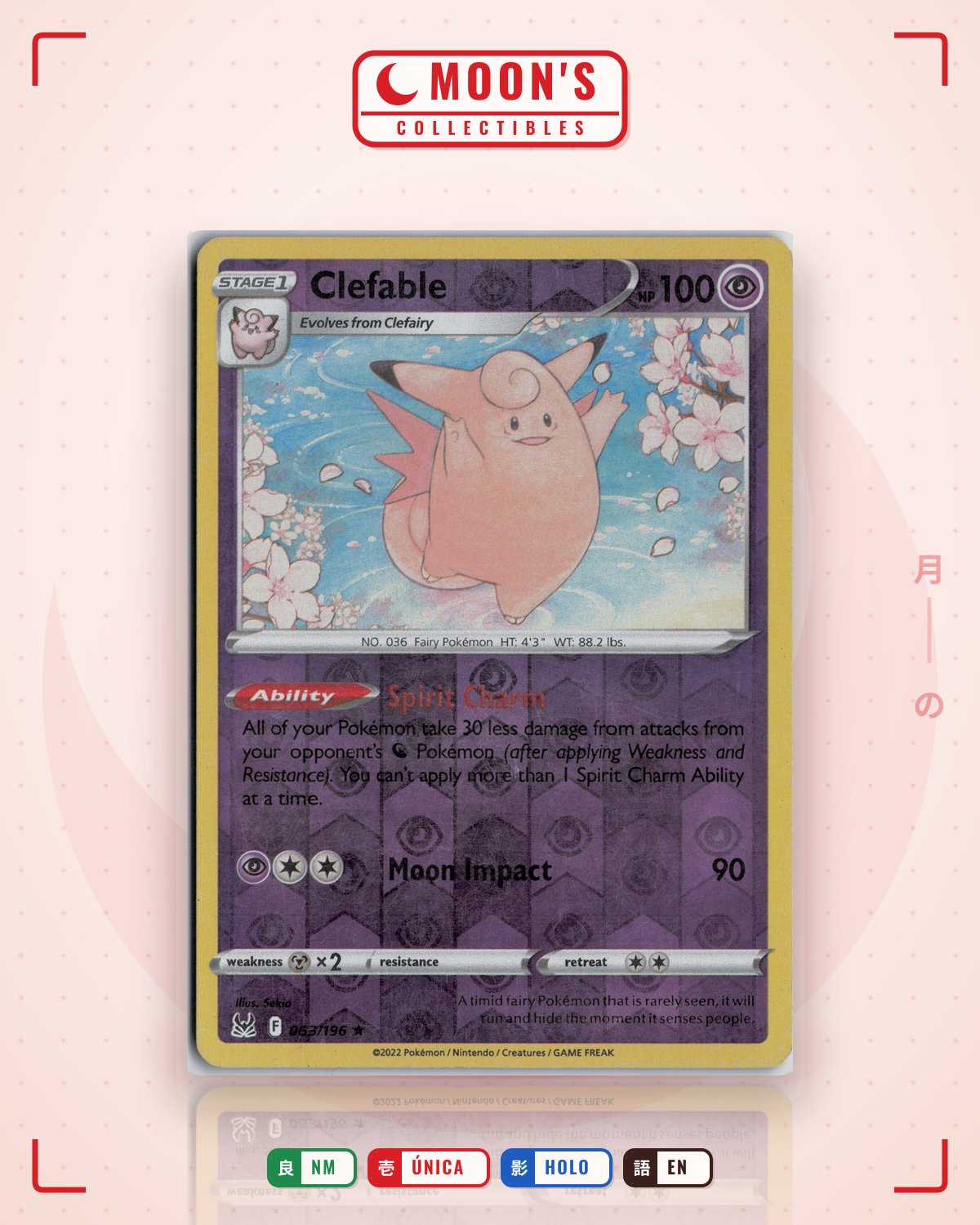Carta Pokémon Clefable · Lost Origin #063/196 (NM) — pieza única en Moon's Collectibles México