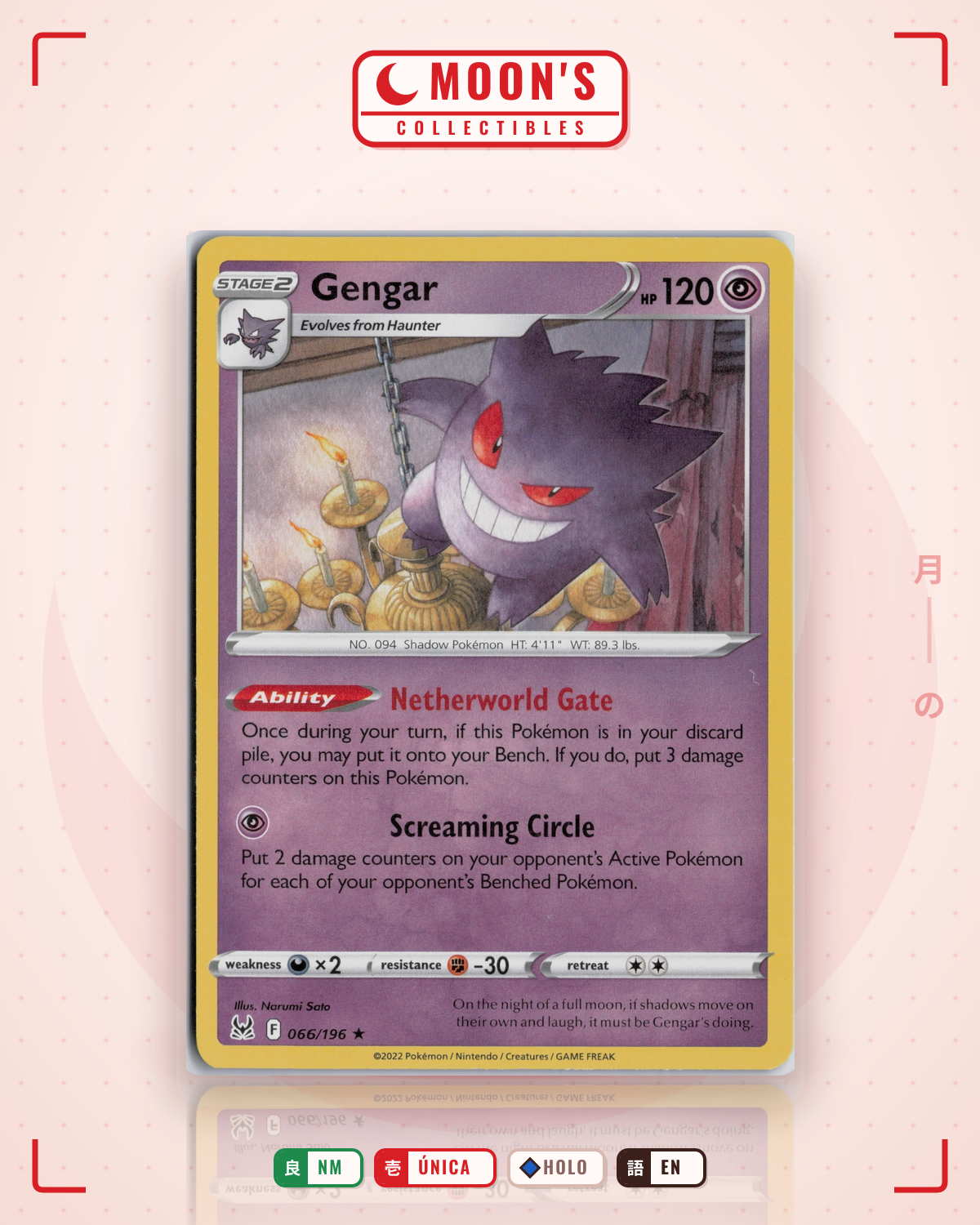 Carta Pokémon Gengar · Lost Origin #066/196 (NM) — pieza única en Moon's Collectibles México