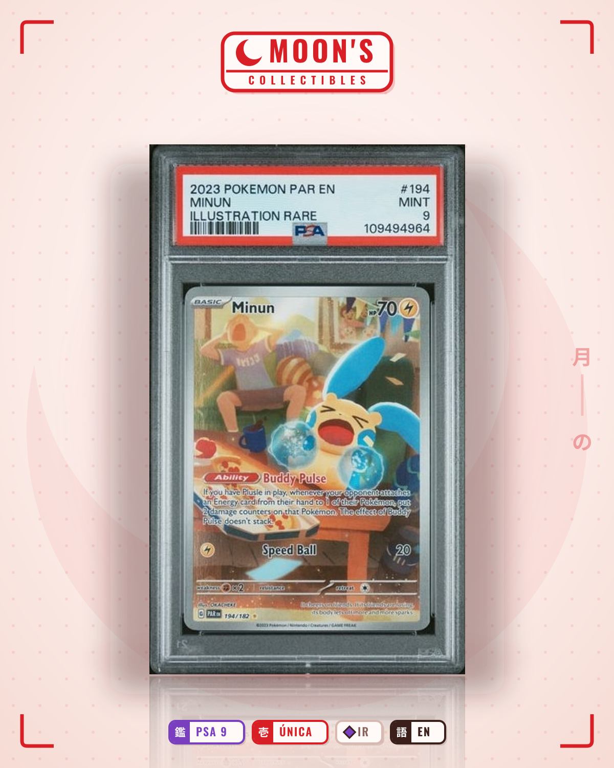Carta Pokémon Minun · Paradox Rift #194/182 (PSA 9) — pieza única en Moon's Collectibles México