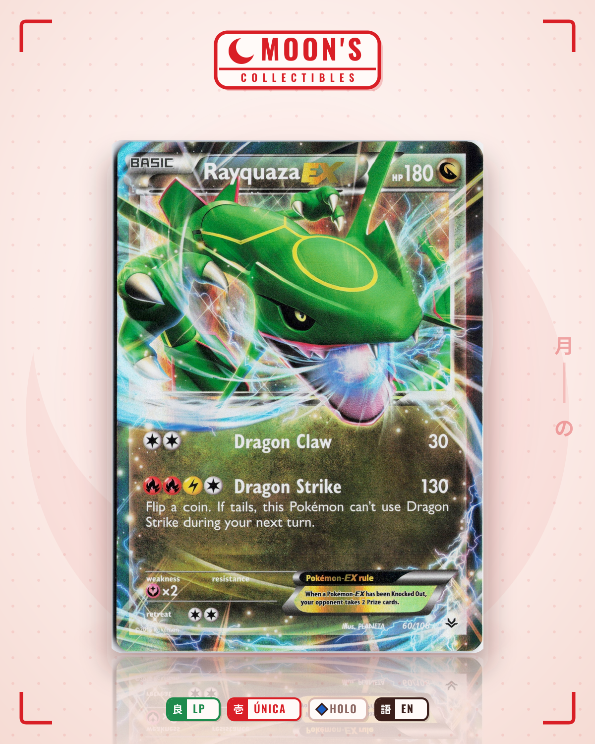 Carta Pokémon Rayquaza-EX · Roaring Skies #60/108 (LP) — pieza única en Moon's Collectibles México