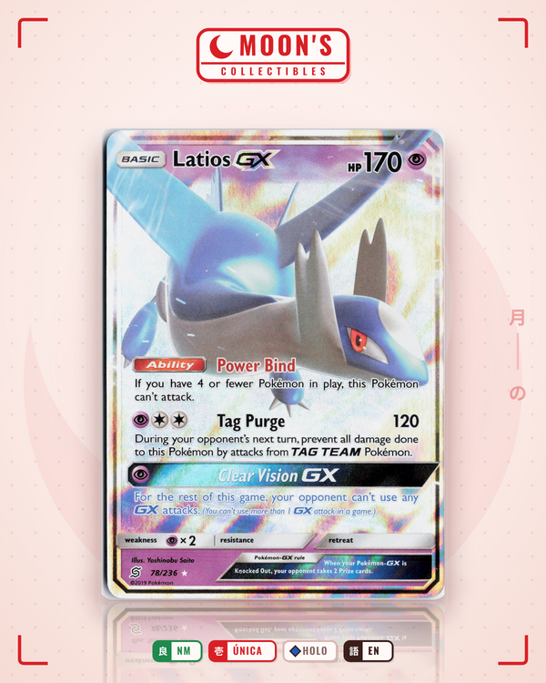 Carta Pokémon Latios-GX · Unified Minds #78/236 (NM) — pieza única en Moon's Collectibles México