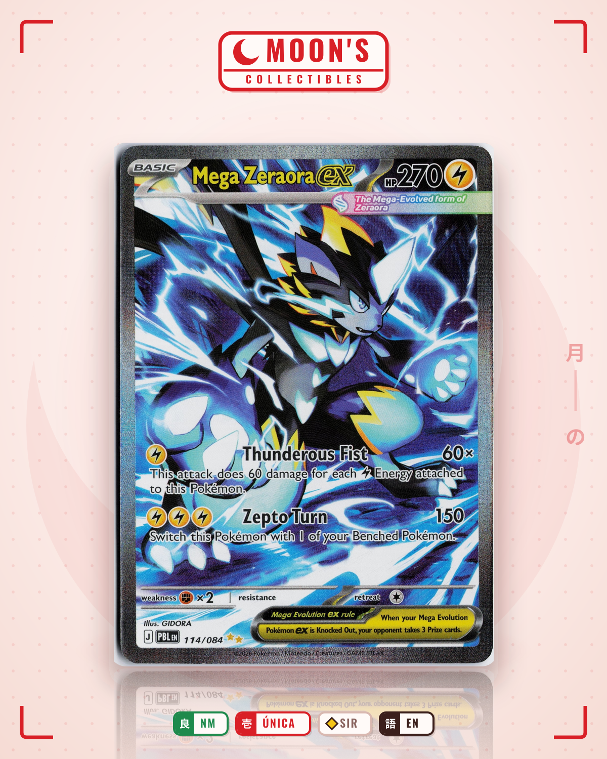 Carta Pokémon Mega Zeraora ex · Pitch Black #114/084 (NM) — pieza única en Moon's Collectibles México