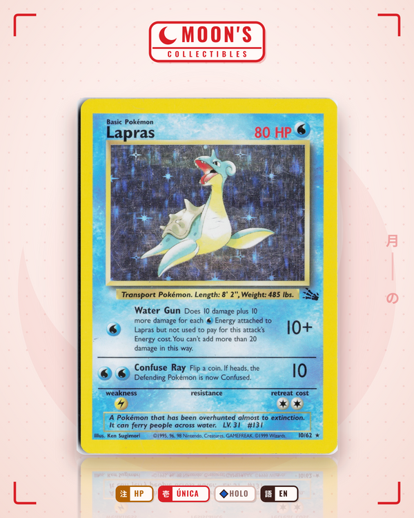 Carta Pokémon Lapras · Fossil #10/62 (HP) — pieza única en Moon's Collectibles México