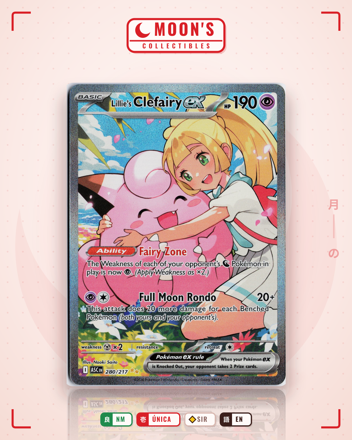 Carta Pokémon Lillie's Clefairy ex · Ascended Heroes #280/217 (NM) — pieza única en Moon's Collectibles México