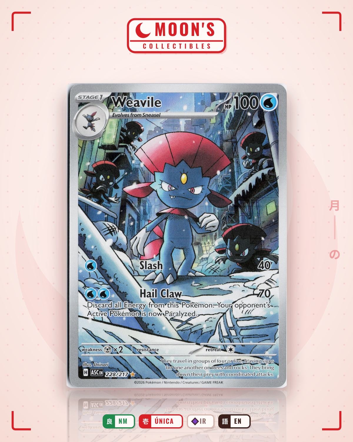 Carta Pokémon Weavile · Ascended Heroes #228/217 (NM) — pieza única en Moon's Collectibles México