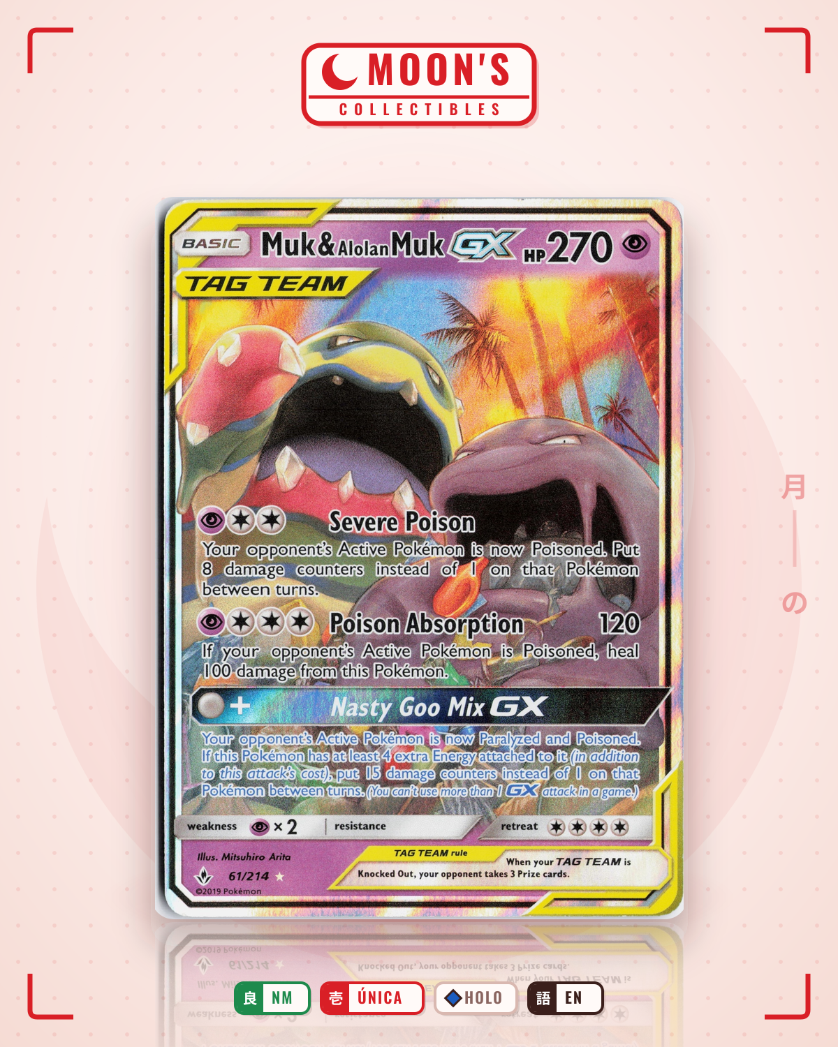 Carta Pokémon Muk & Alolan Muk-GX · Unbroken Bonds #61/214 (NM) — pieza única en Moon's Collectibles México