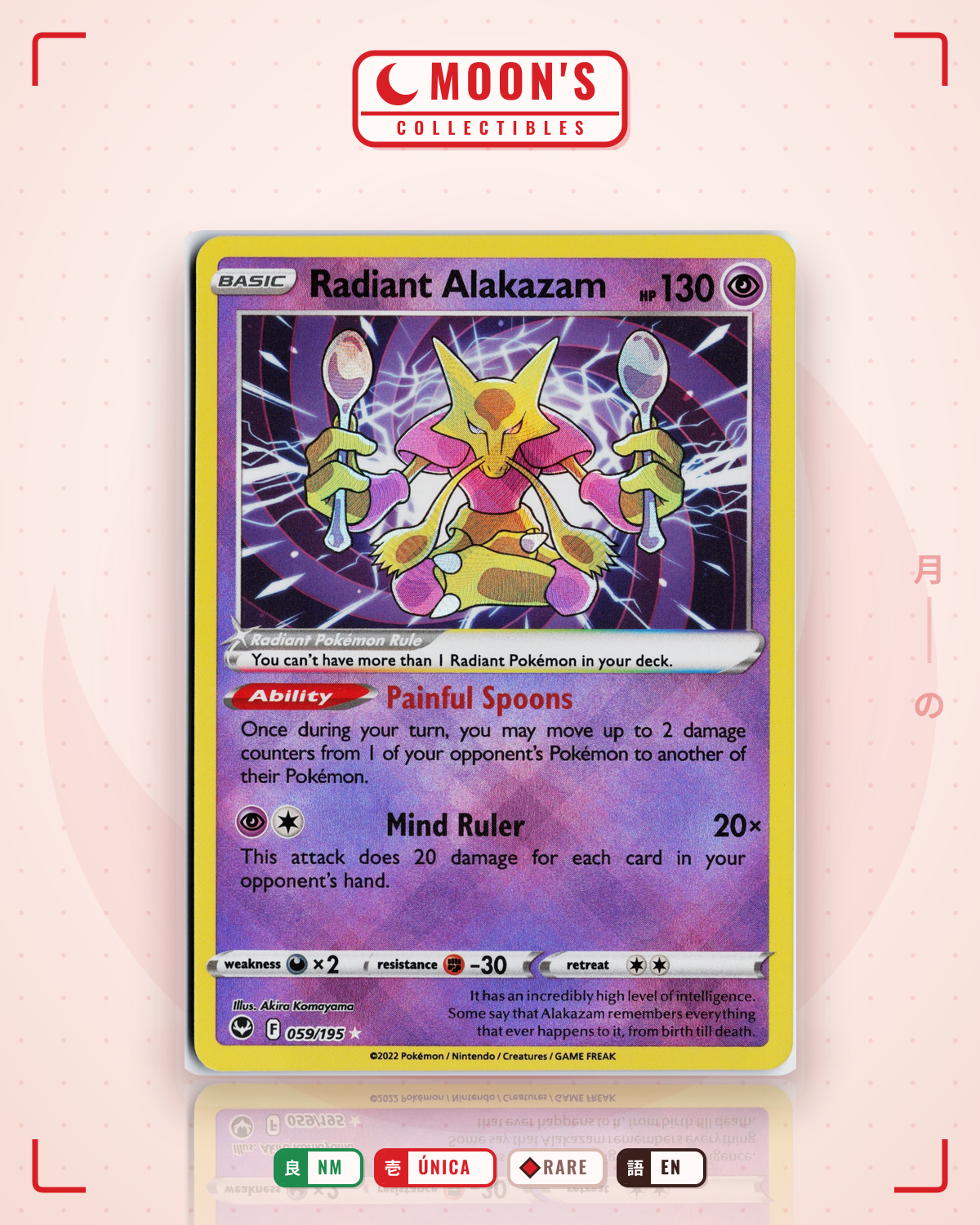Carta Pokémon Radiant Alakazam · Silver Tempest #059/195 (NM) — pieza única en Moon's Collectibles México