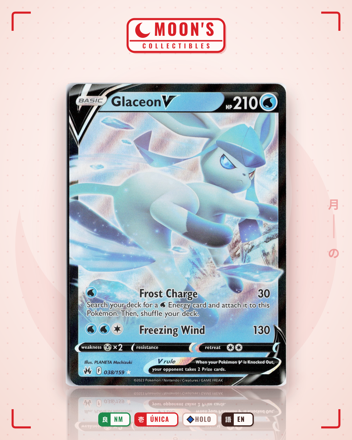 Carta Pokémon Glaceon V · Crown Zenith #038/159 (NM) — pieza única en Moon's Collectibles México