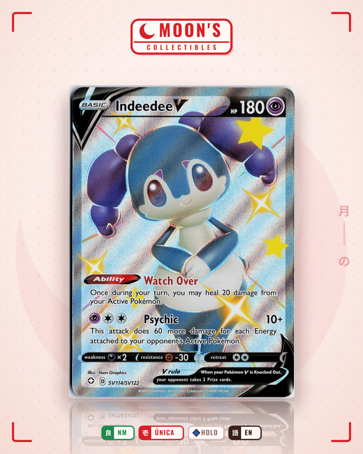 Carta Pokémon Indeedee V · Shining Fates Shiny Vault #SV114/SV122 (NM) — pieza única en Moon's Collectibles México