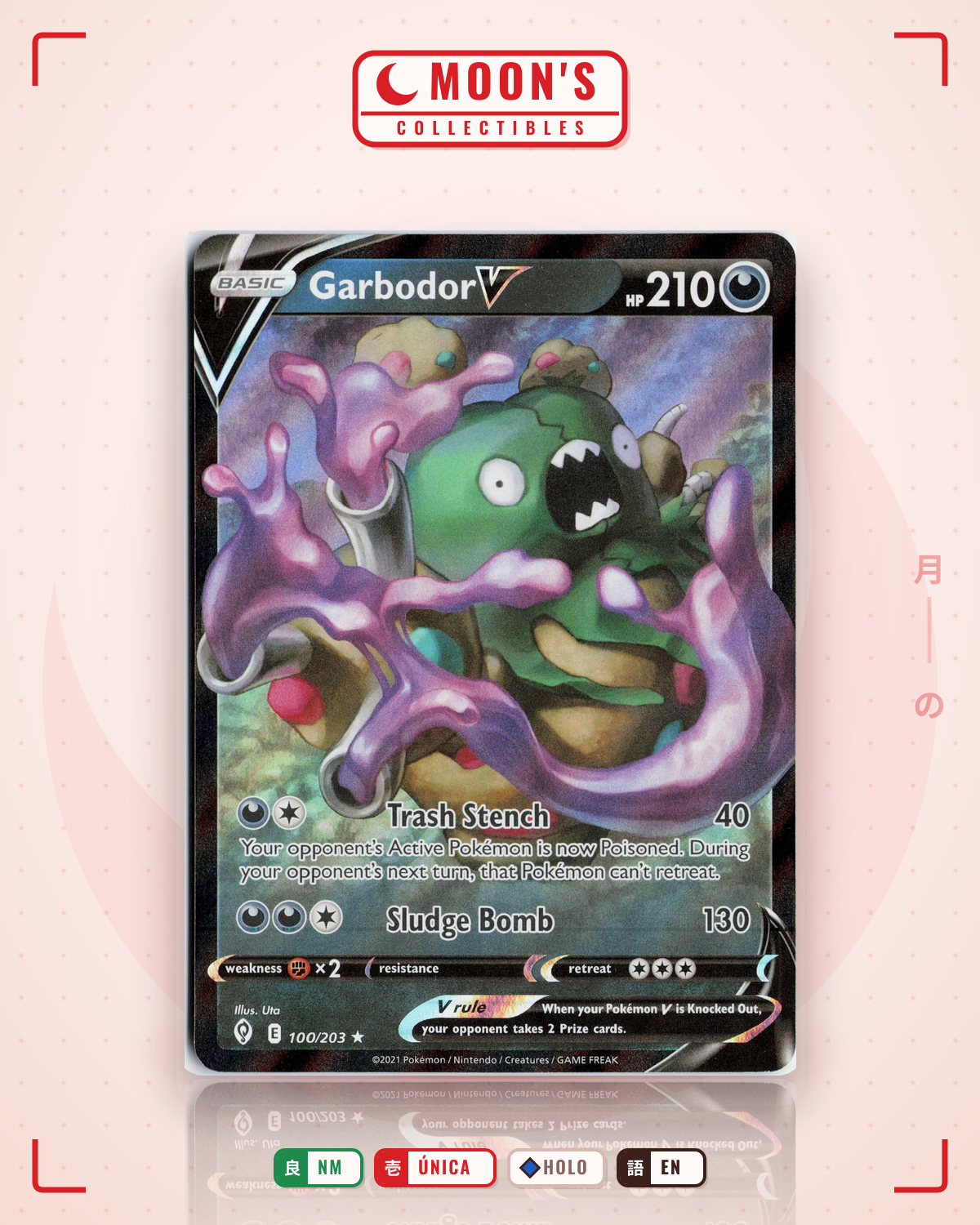 Carta Pokémon Garbodor V · Evolving Skies #100/203 (NM) — pieza única en Moon's Collectibles México