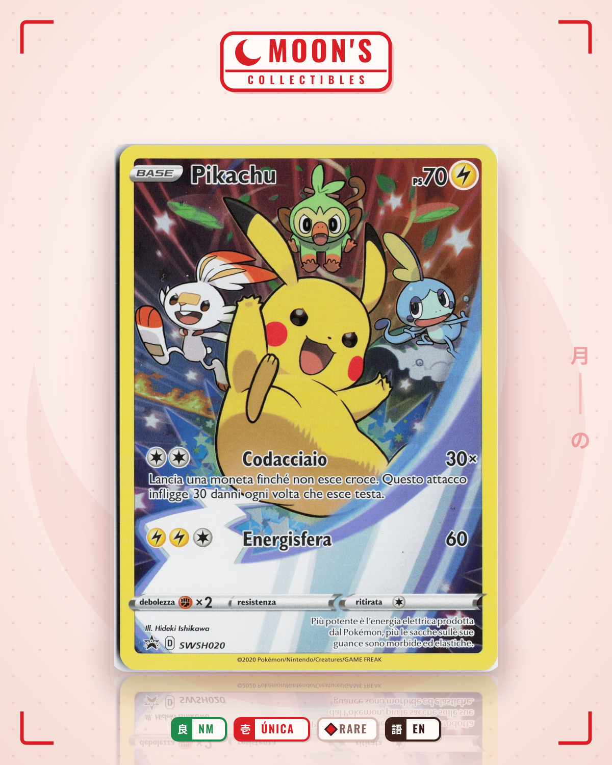 Carta Pokémon Pikachu Italiano · SWSH Black Star Promos #SWSH020 (NM) — pieza única en Moon's Collectibles México