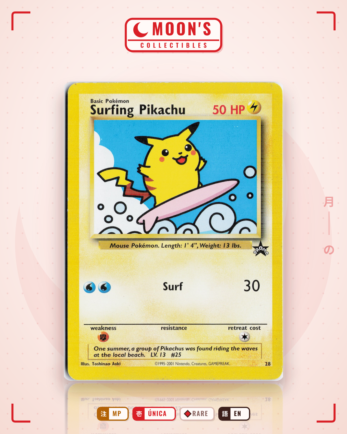 Carta Pokémon Surfing Pikachu · Wizards Black Star Promos #28 (MP) — pieza única en Moon's Collectibles México