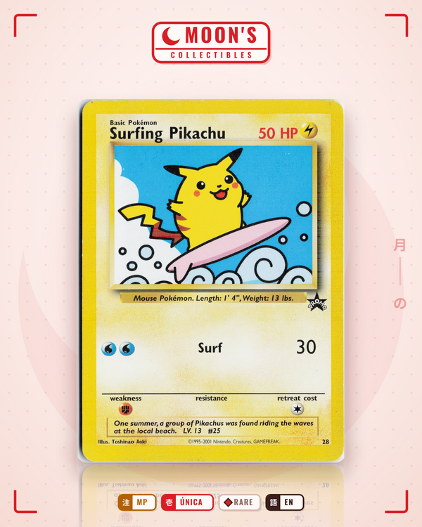 Carta Pokémon Surfing Pikachu · Wizards Black Star Promos #28 (MP) — pieza única en Moon's Collectibles México