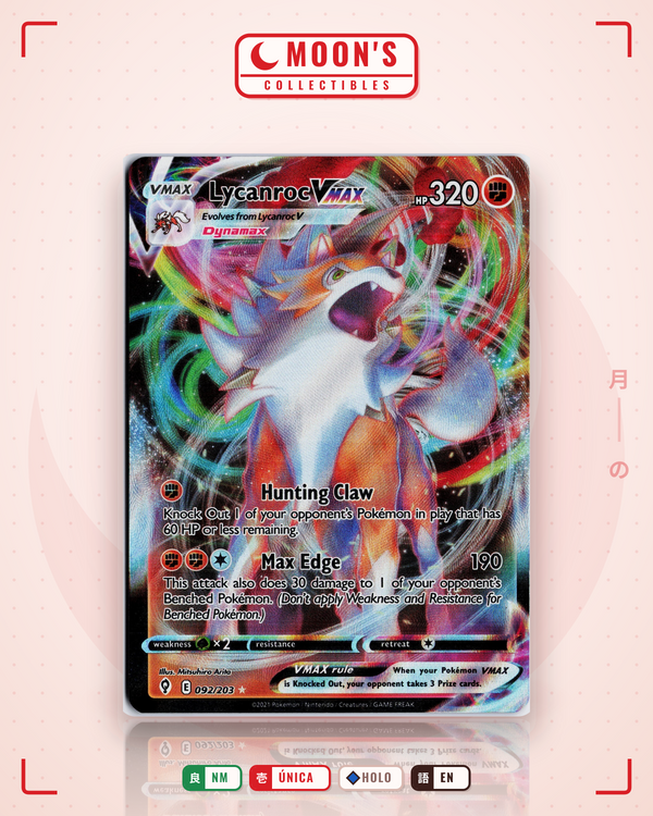 Carta Pokémon Lycanroc VMAX · Evolving Skies #092/203 (NM) — pieza única en Moon's Collectibles México