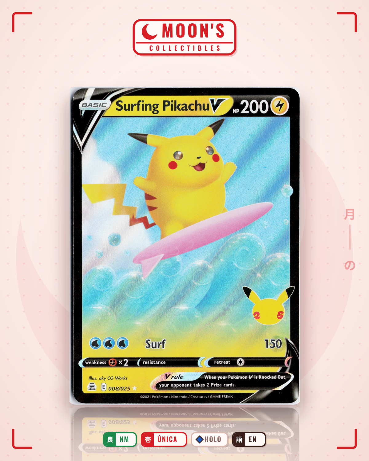 Carta Pokémon Surfing Pikachu V · Celebrations #8 (NM) — pieza única en Moon's Collectibles México