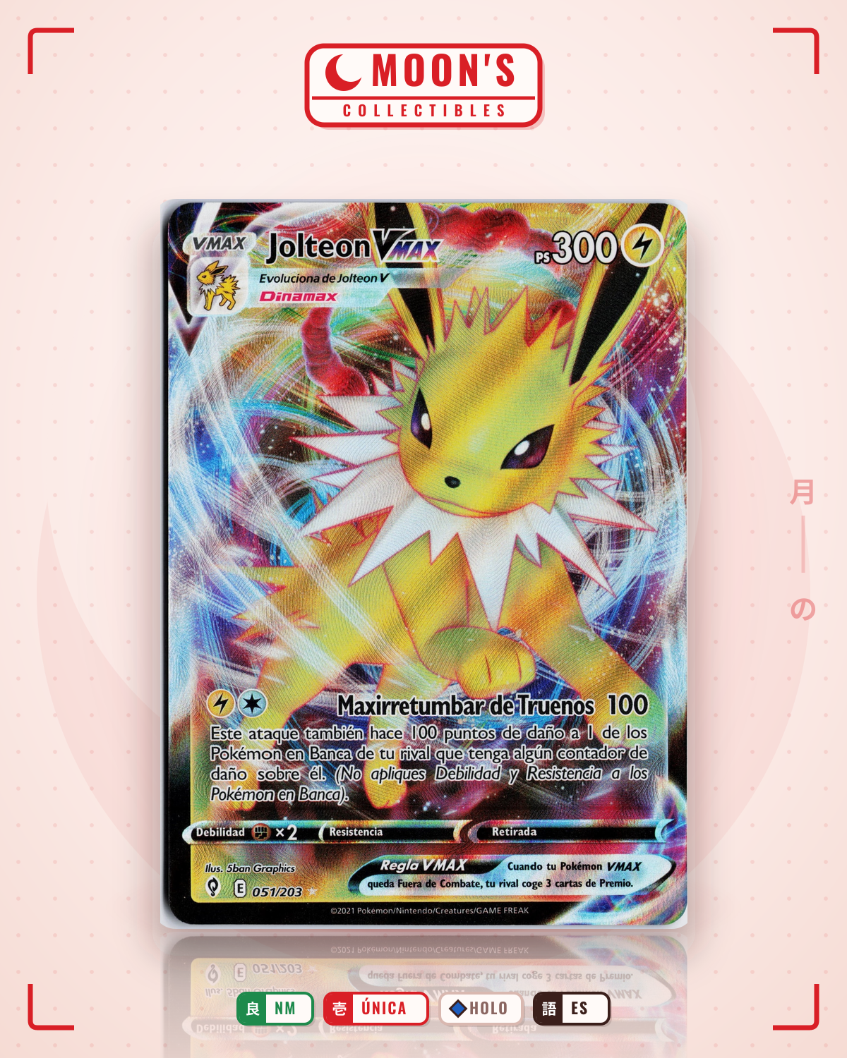Carta Pokémon Jolteon VMAX · Evolving Skies #051/203 (NM) — pieza única en Moon's Collectibles México
